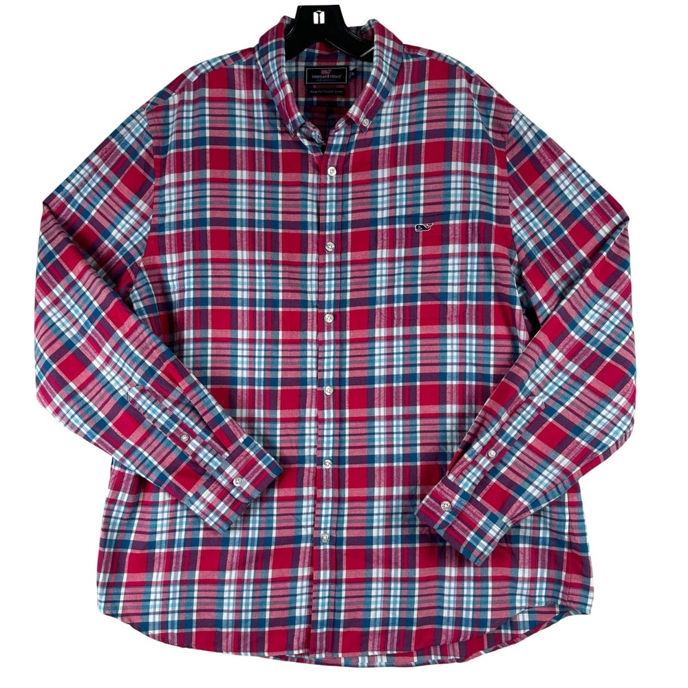 Vineyard Vines Performance Slim Fit Tucker Shirt Mens XL Red Blue Plaid 1W3126